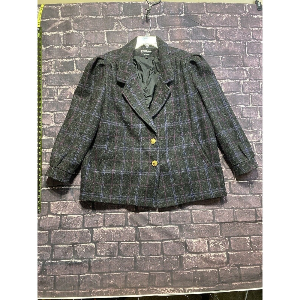 VTG Karizma Blazer Jacket Women 18W Black Pink‎ Purple Plaid Wool Blend Gold